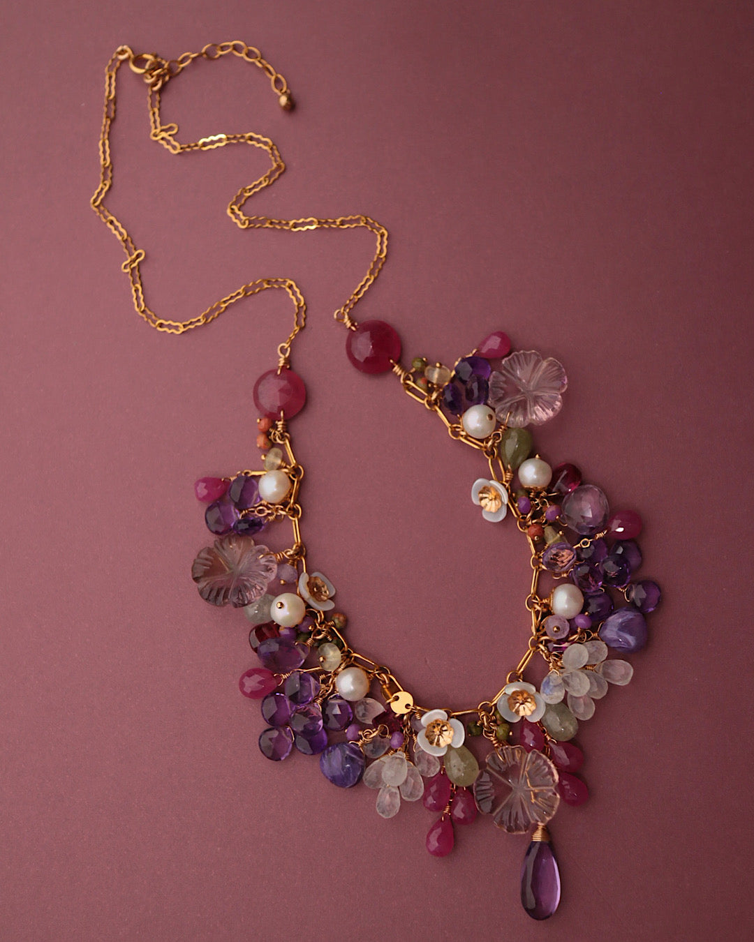 [One-of-a-kind] Pink sapphire and carved ametrine necklace