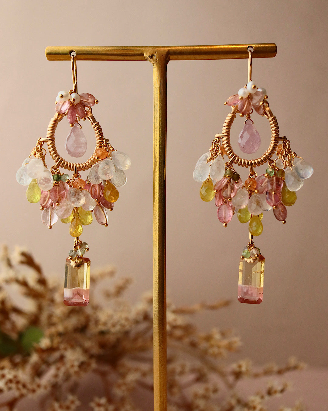 [One-of-a-kind / Round type] Pink x Yellow Bicolor Tourmaline Chandelier Earrings