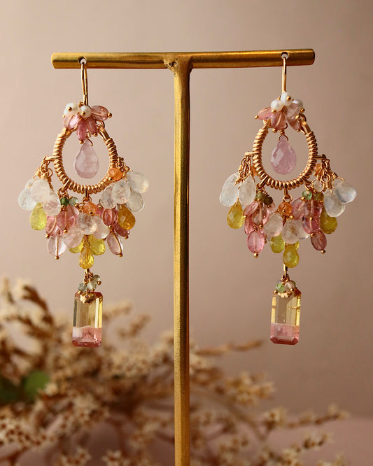 [One-of-a-kind / Round type] Pink x Yellow Bicolor Tourmaline Chandelier Earrings