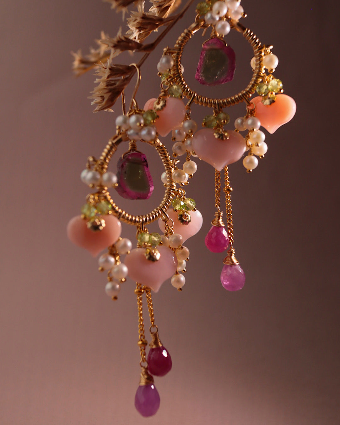 Watermelon Tourmaline and Heart-Shaped Pink Opal Earrings [One-of-a-kind]