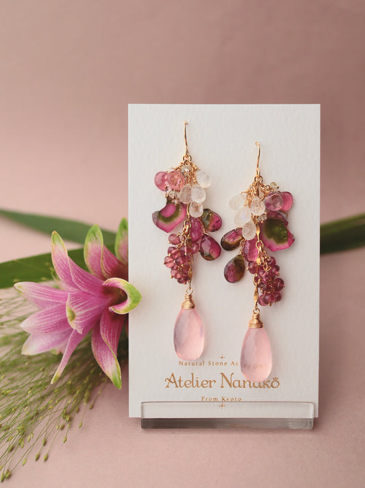 [One of a kind] Watermelon tourmaline and pink stone earrings