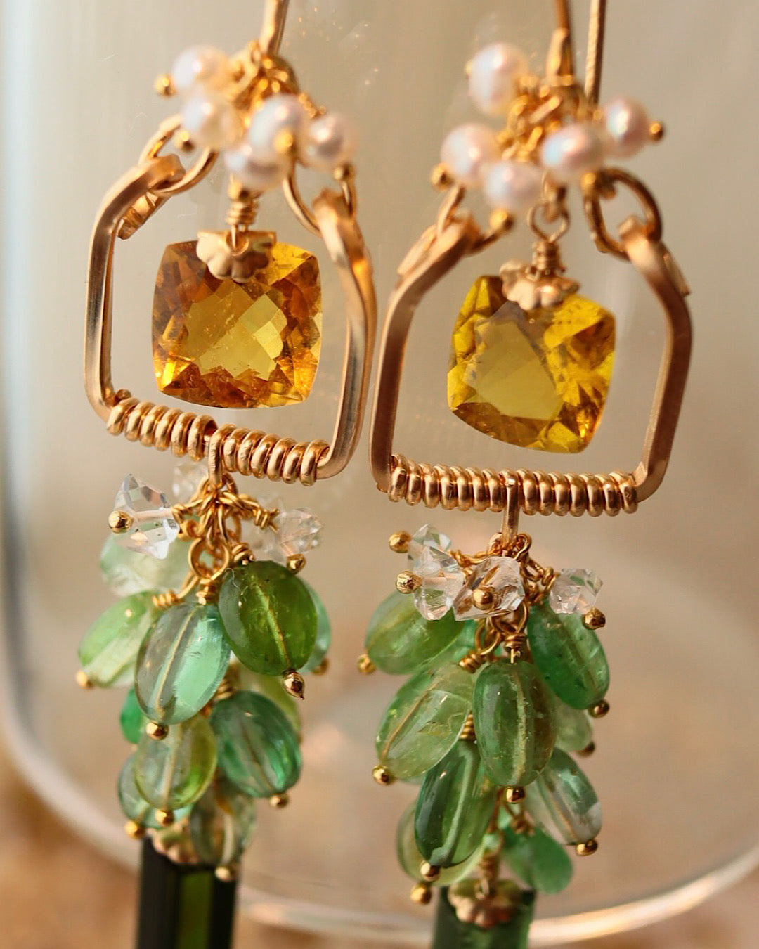 Square Yellow Tourmaline and Green Tourmaline Chandelier Earrings with Pearl