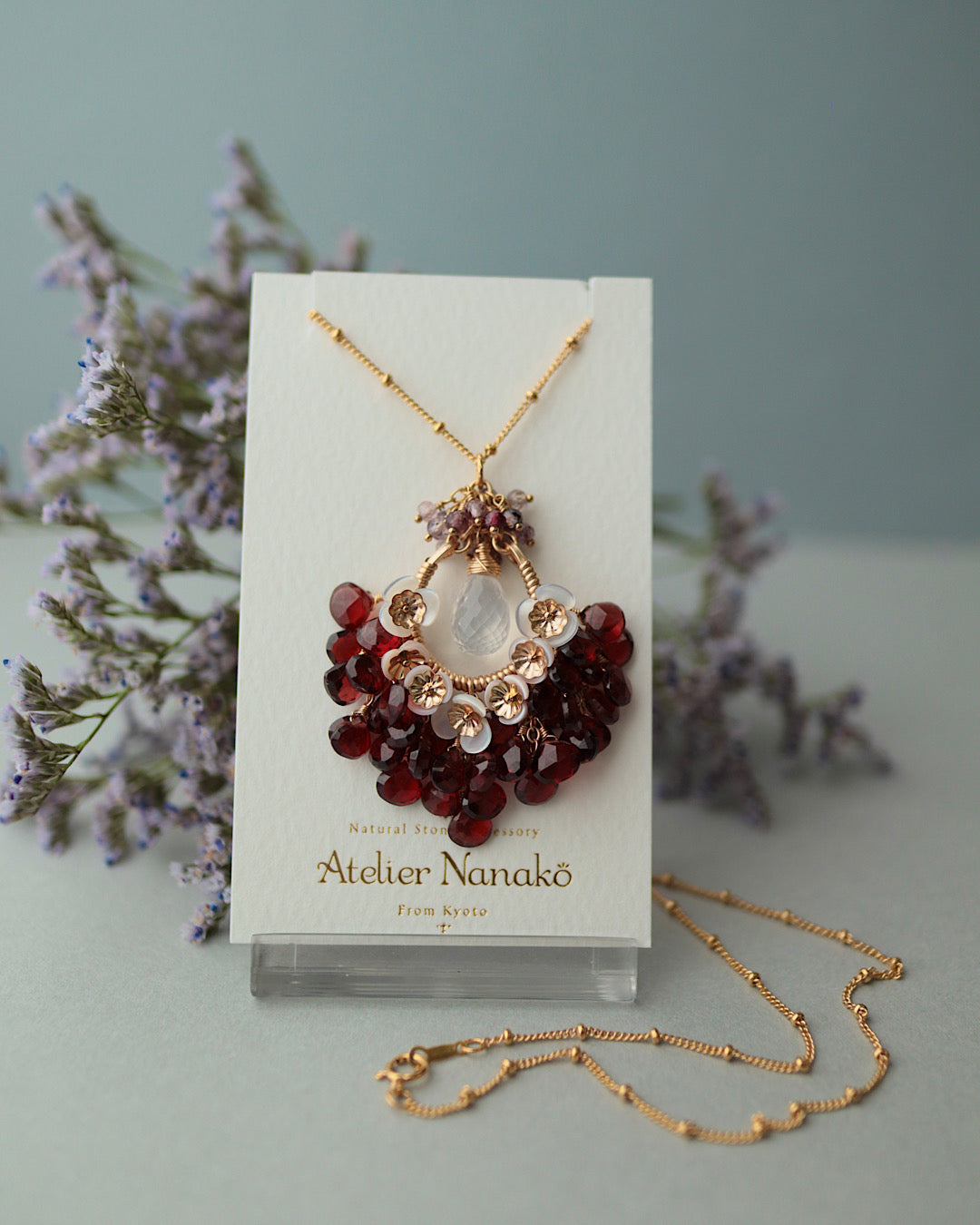 [One-of-a-kind] Garnet and Ice Quartz Chandelier Necklace