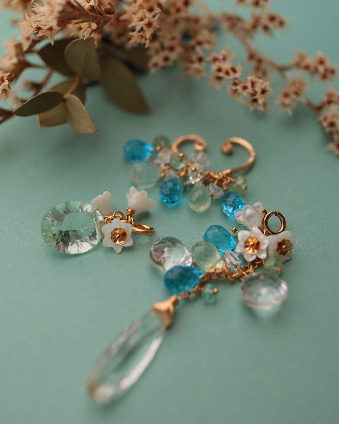 Swiss blue topaz and green fluorite ear cuff