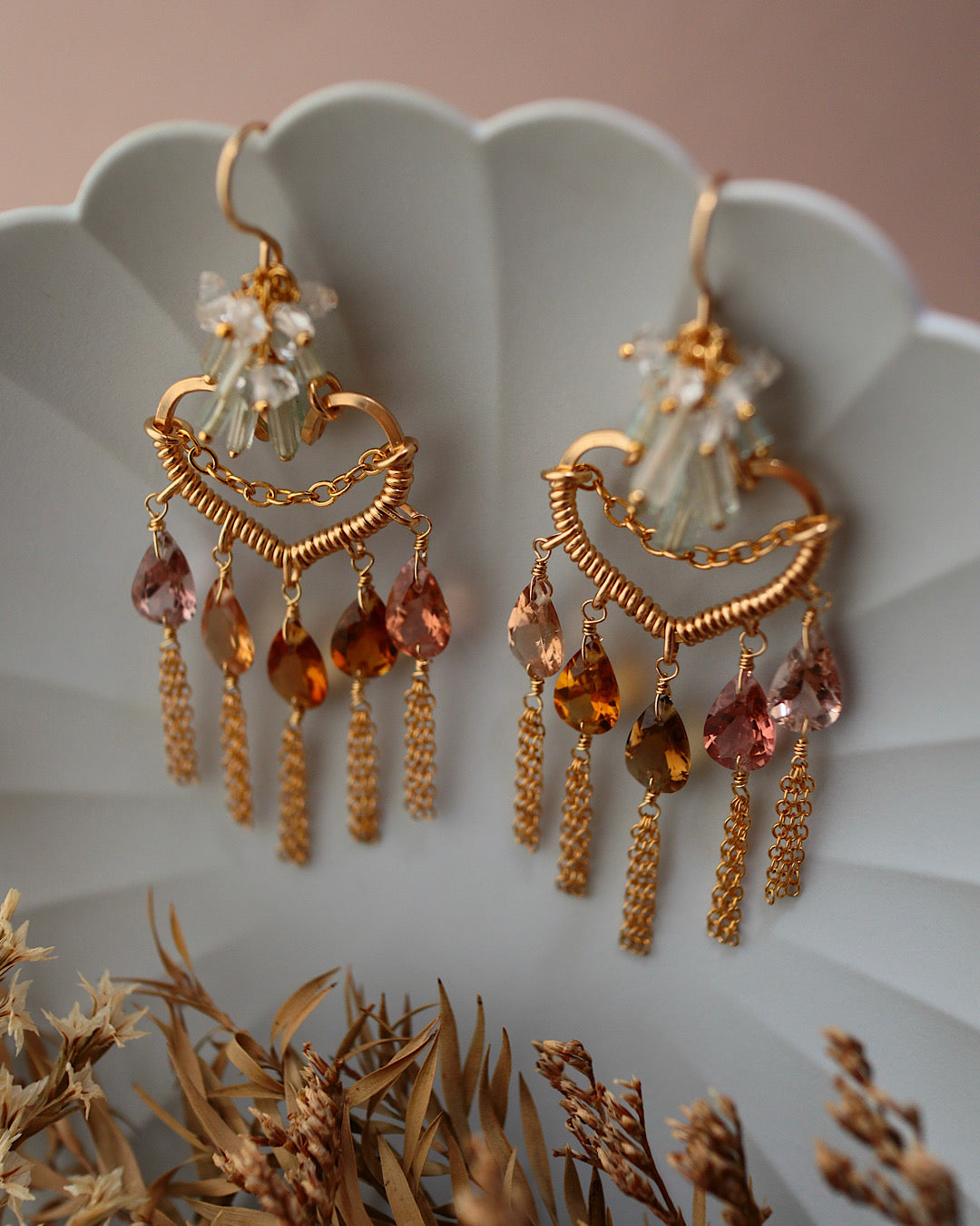 [One of a kind] Brown tourmaline heart chandelier earrings