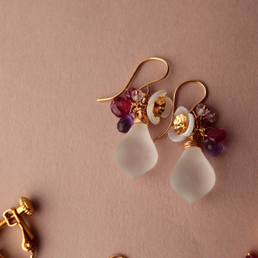 Frosted crystal earrings (pink)