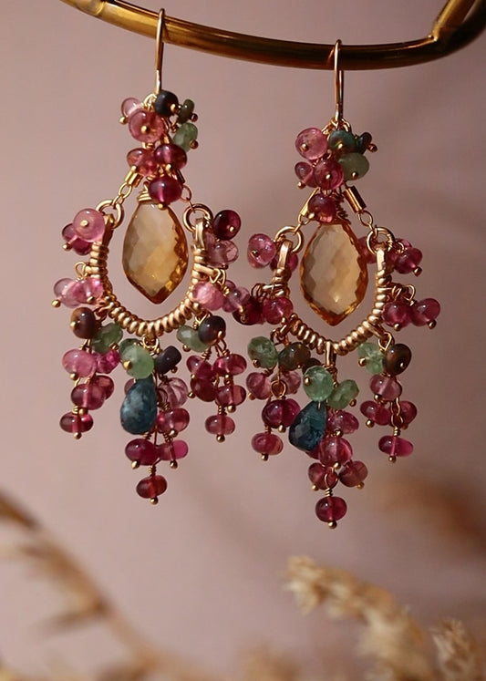 [Plants and flowers waiting for spring] Citrine and pink tourmaline chandelier earrings