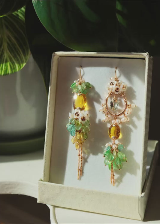 [One-of-a-kind] Asymmetrical yellow tourmaline earrings