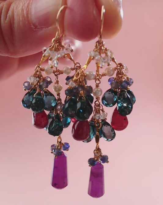 [Stories in Red] Ruby and London Blue Topaz Chandelier Earrings